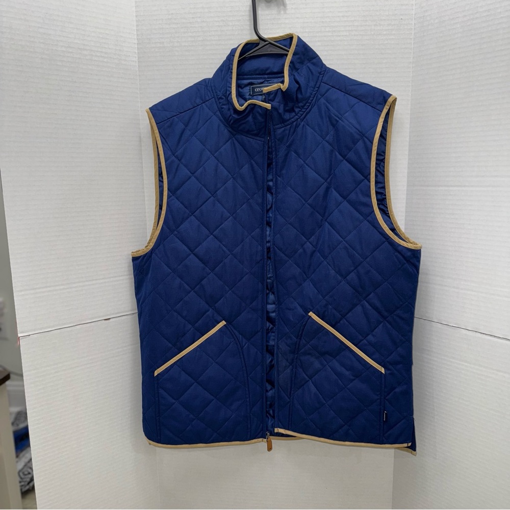 Men's Quilted Blue Vest with Tan Trim